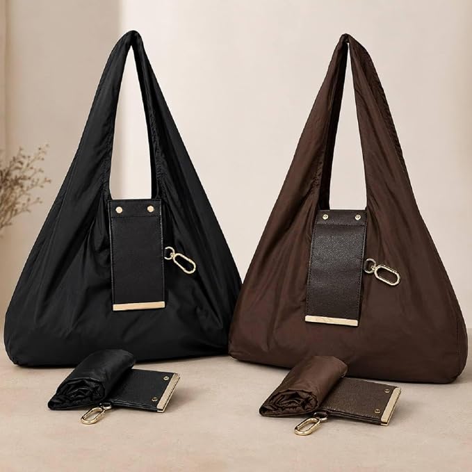 Foldable Keychain Storage Tote Bag | Reusable Large Capacity Shopping Bag | Portable Nylon Grocery Tote | PU Leather Keyring Pouch | Travel, Office & Daily Use Handbag