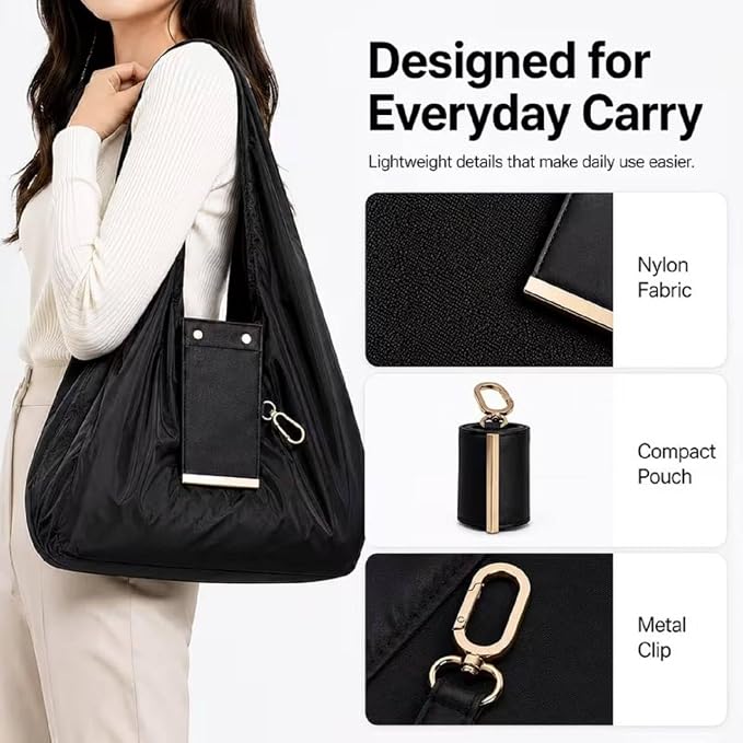 Foldable Keychain Storage Tote Bag | Reusable Large Capacity Shopping Bag | Portable Nylon Grocery Tote | PU Leather Keyring Pouch | Travel, Office & Daily Use Handbag