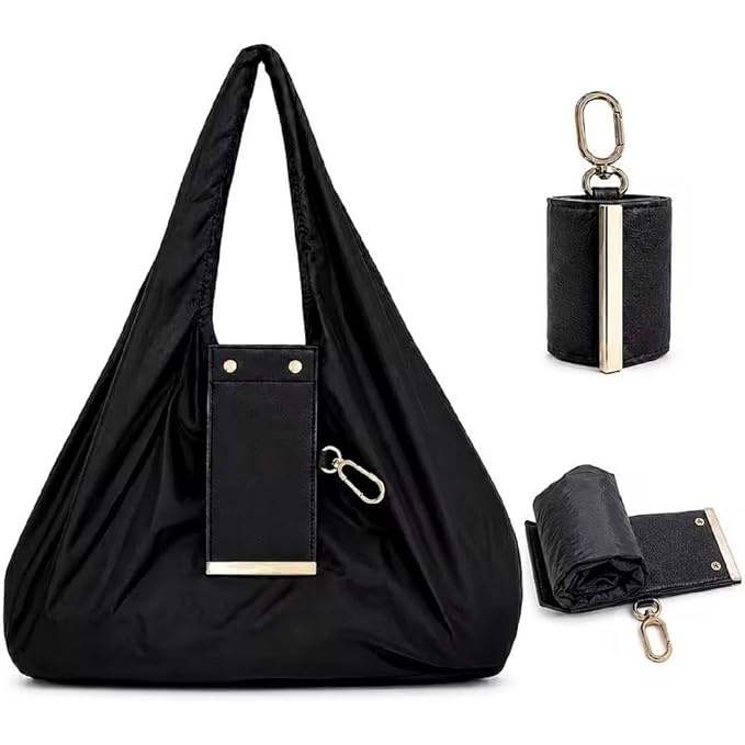 Foldable Keychain Storage Tote Bag | Reusable Large Capacity Shopping Bag | Portable Nylon Grocery Tote | PU Leather Keyring Pouch | Travel, Office & Daily Use Handbag