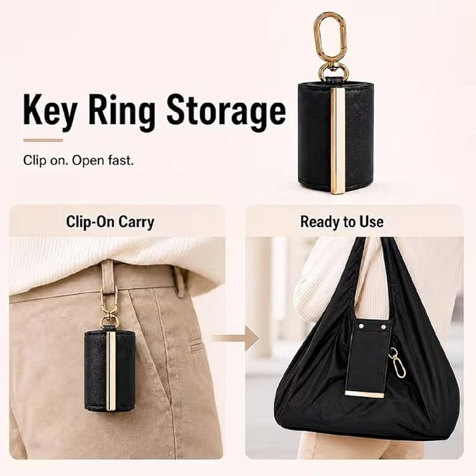 Foldable Keychain Storage Tote Bag | Reusable Large Capacity Shopping Bag | Portable Nylon Grocery Tote | PU Leather Keyring Pouch | Travel, Office & Daily Use Handbag