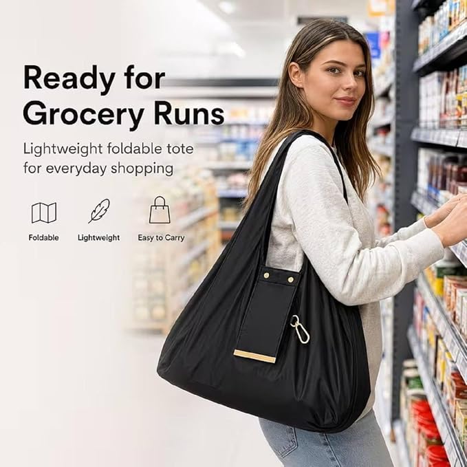 Foldable Keychain Storage Tote Bag | Reusable Large Capacity Shopping Bag | Portable Nylon Grocery Tote | PU Leather Keyring Pouch | Travel, Office & Daily Use Handbag