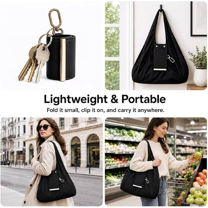 Foldable Keychain Storage Tote Bag | Reusable Large Capacity Shopping Bag | Portable Nylon Grocery Tote | PU Leather Keyring Pouch | Travel, Office & Daily Use Handbag